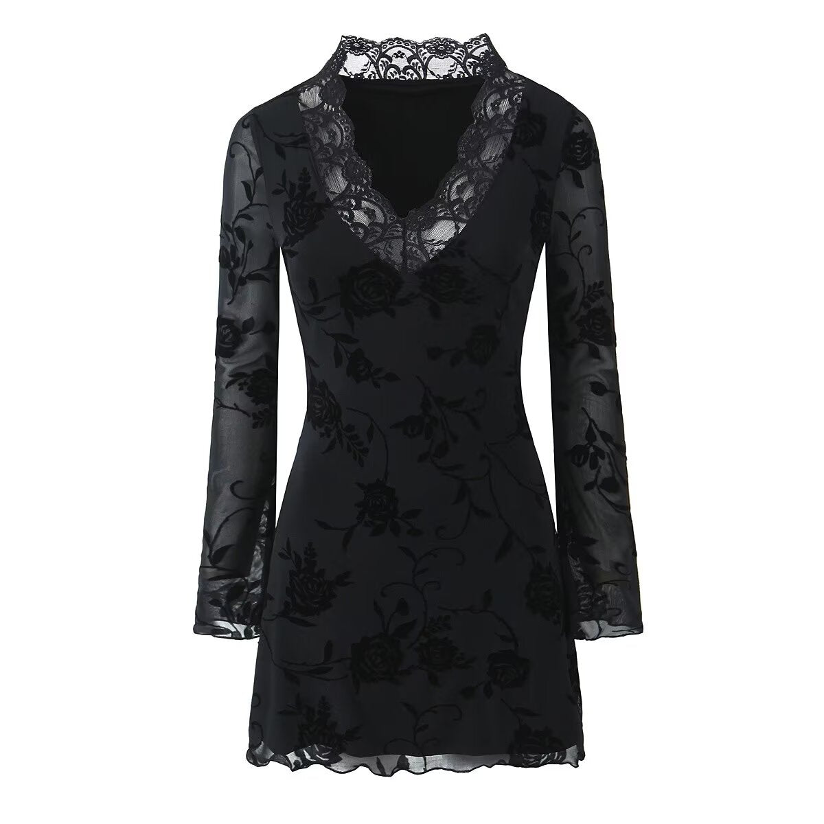 Herbstliches Kleid mit schwarzer Rosen-Spitze Damenbekleidung