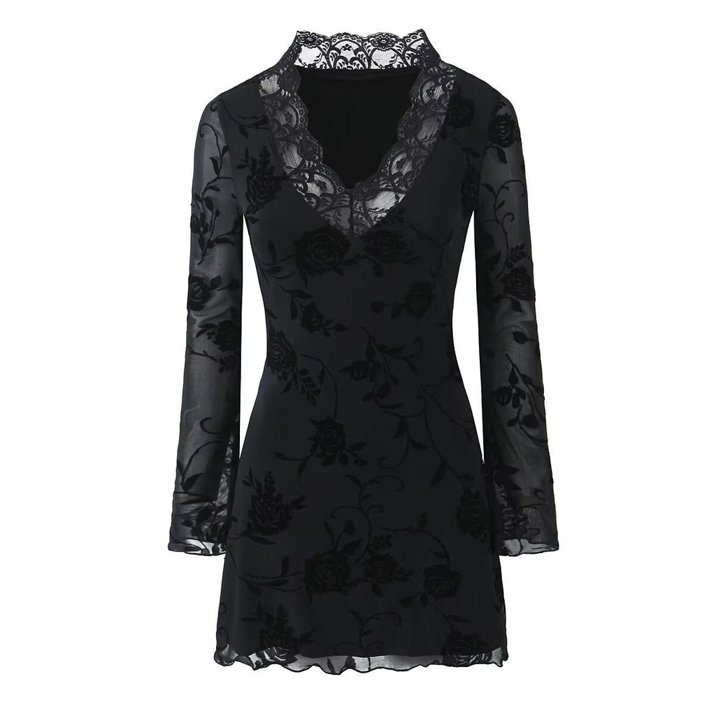 Herbstliches Kleid mit schwarzer Rosen-Spitze Damenbekleidung
