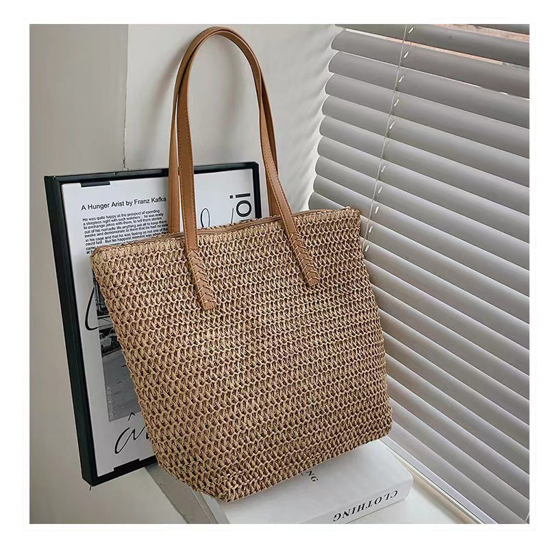 Sac à bandoulière simple en paille grande capacité pour femme, sac en paille d'été, sac tissé pour vacances à la mer, sac de plage en rotin tressé