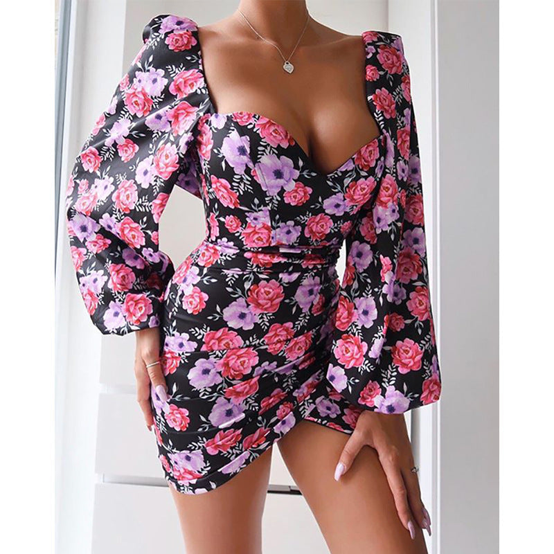 Robe Imprimée Sexy Col Carré Femme Nouvelle Collection Printemps Été