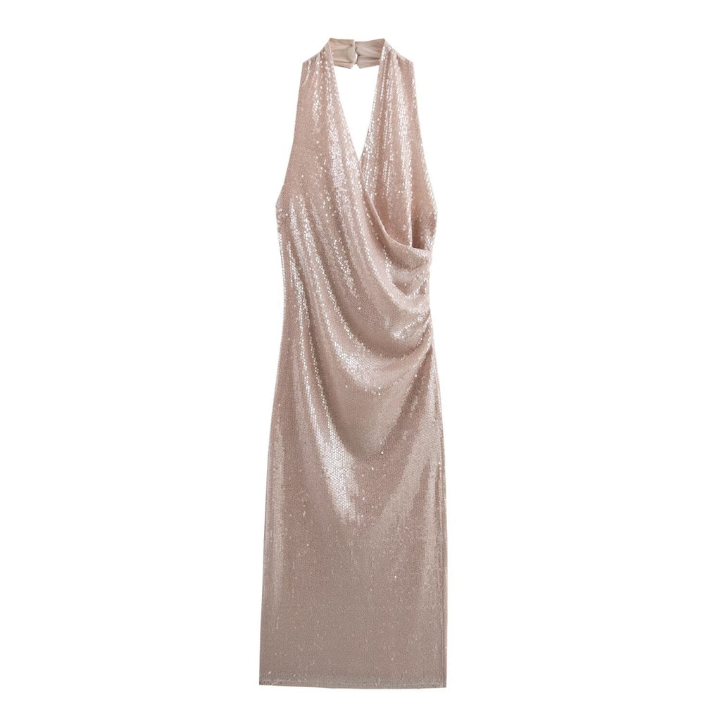 Französisches Pailletten-Plissee-Neckholderkleid für Damen