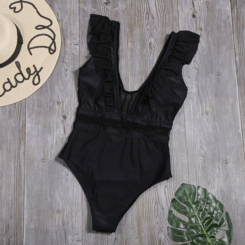 Maillot de bain sexy évidé pour femmes, maillot de bain une pièce plongeant en V profond, bikini à volants
