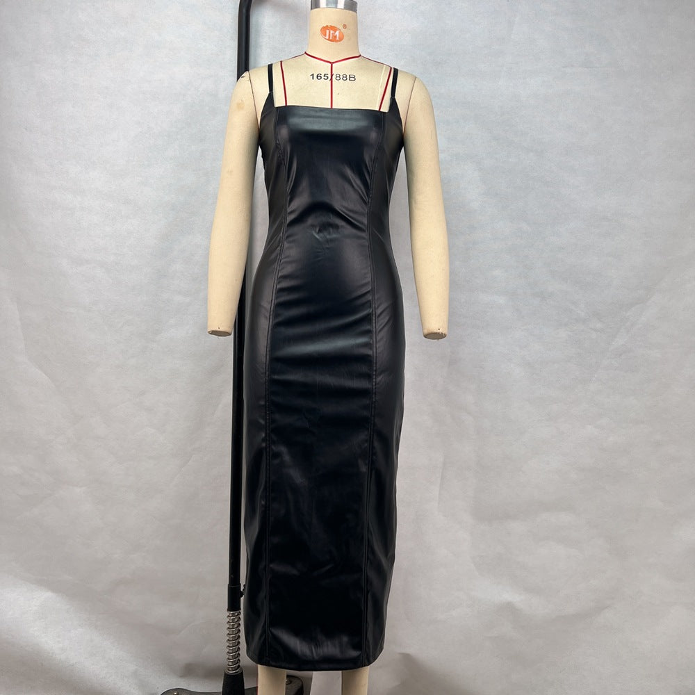 Damenbekleidung Kleid Frühling Sommer Leder Sling Reißverschluss Hinten Schlitz Linie Taillenenge Hüftkleid