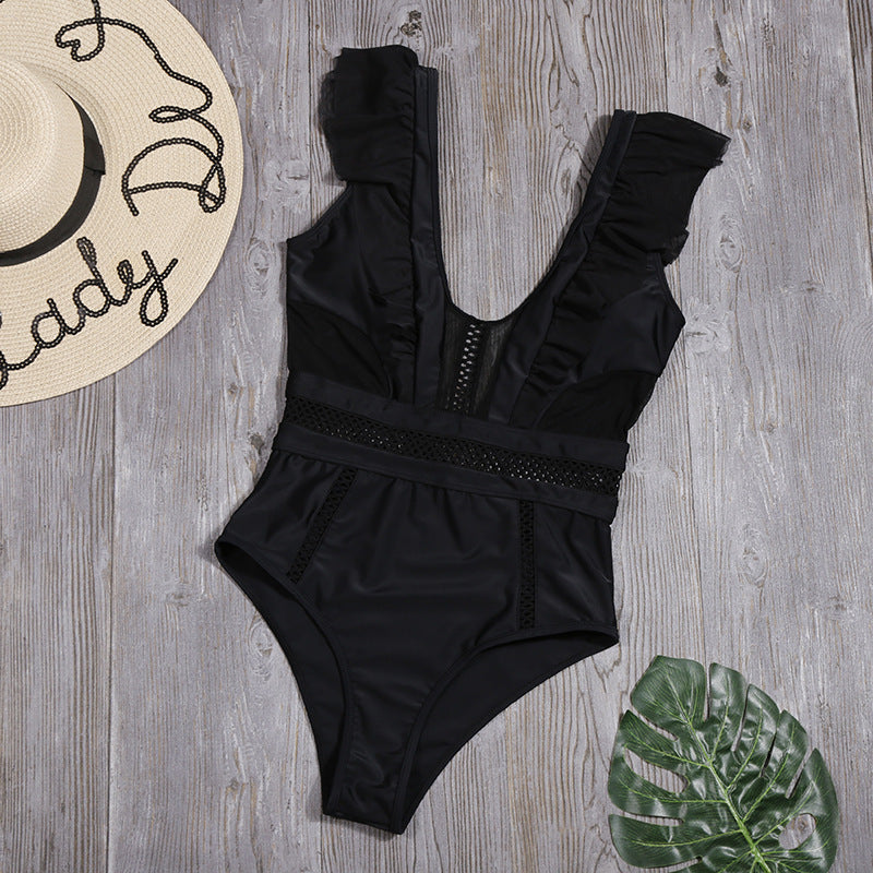 Maillot de bain sexy évidé pour femmes, maillot de bain une pièce plongeant en V profond, bikini à volants