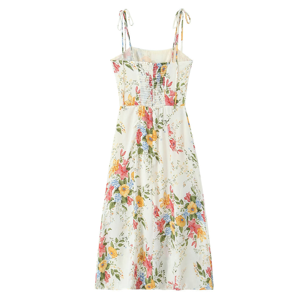 Sommer Damen Blumen Kleines Blumenmuster Schmal geschnittenes Kleid mit großen Trägern