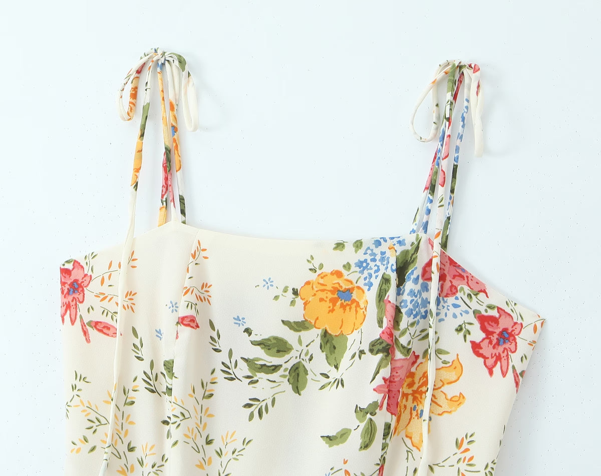 Sommer Damen Blumen Kleines Blumenmuster Schmal geschnittenes Kleid mit großen Trägern