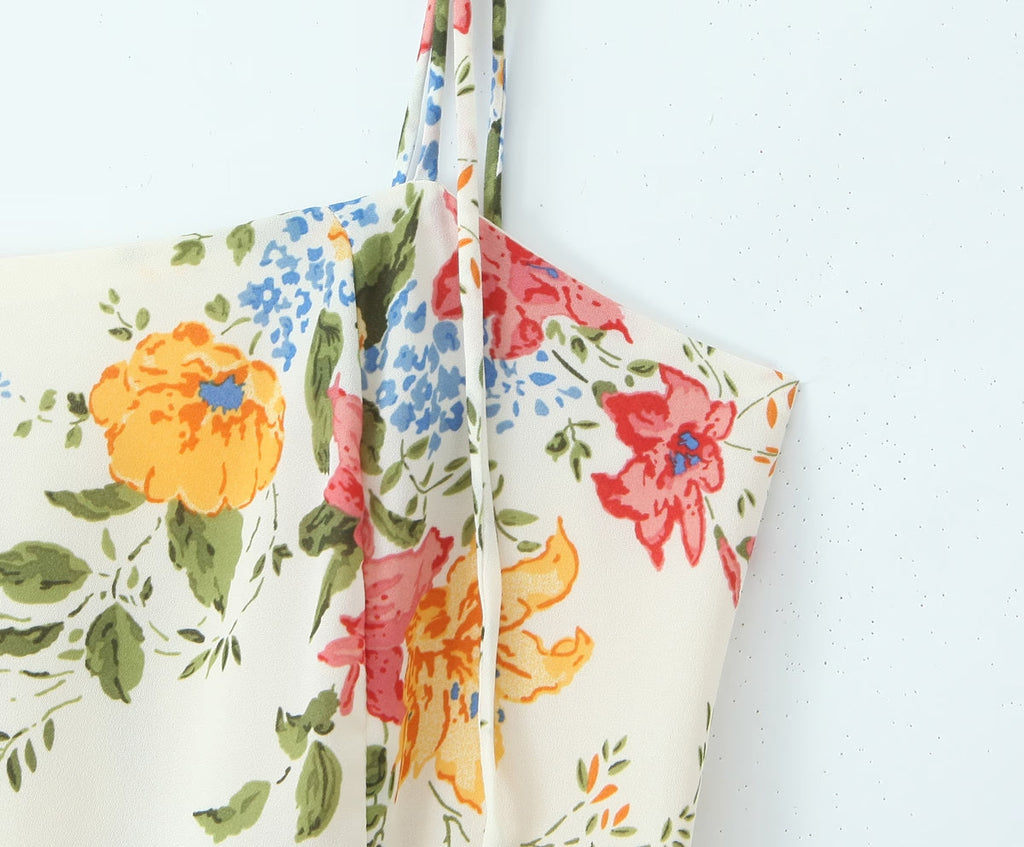 Sommer Damen Blumen Kleines Blumenmuster Schmal geschnittenes Kleid mit großen Trägern
