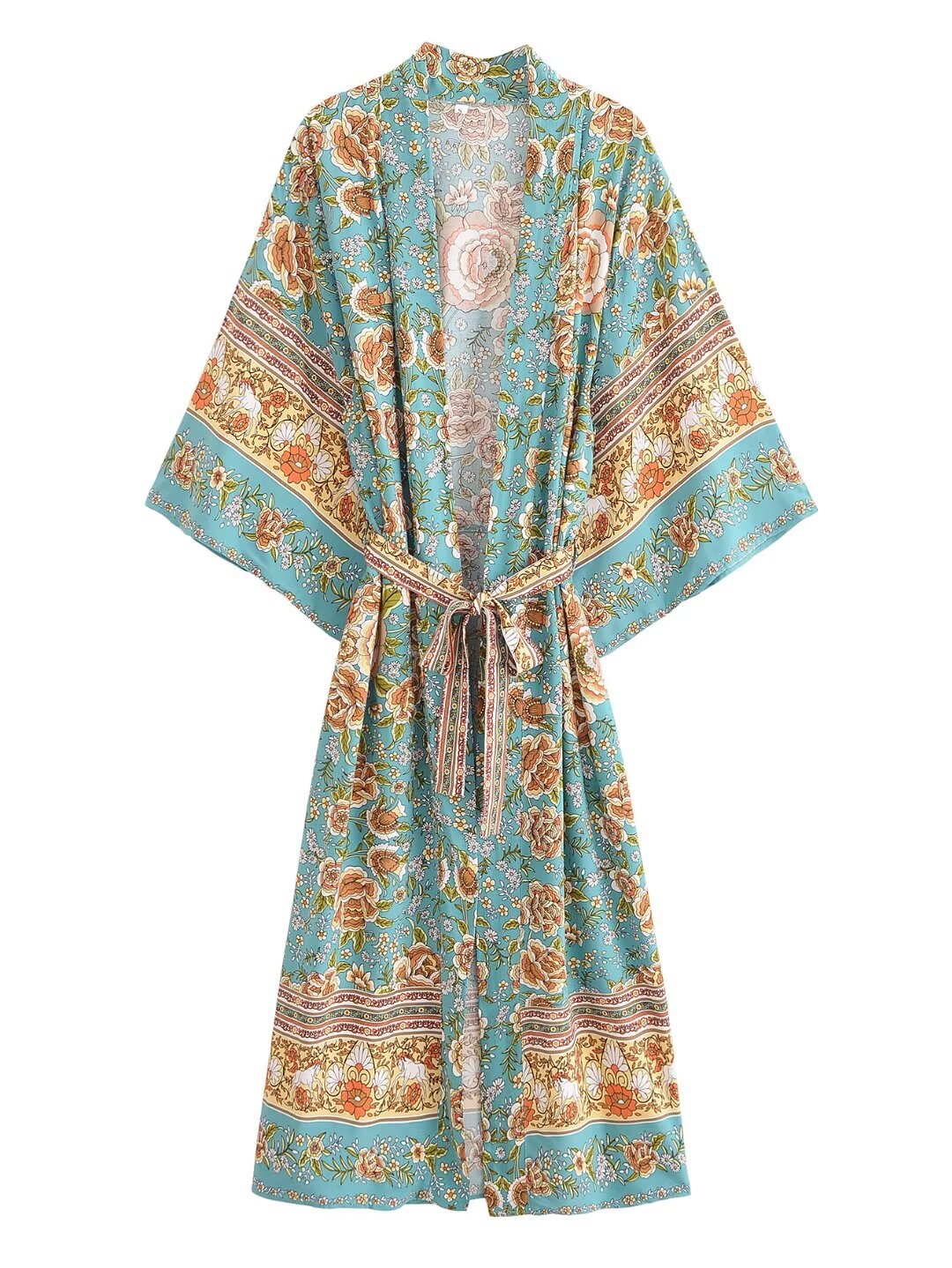 Damen Herbst Kimono Cardigan mit Blumenmuster und Gürtel aus Viskose