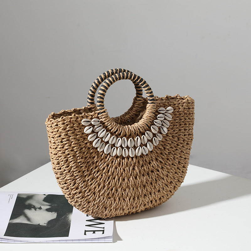 Retro Strohtasche Tragbare Halbkreis-Muschel Handgemachte Strohtasche Gewebte Tasche Damen Urlaub Strandtasche