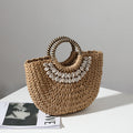 Retro Strohtasche Tragbare Halbkreis-Muschel Handgemachte Strohtasche Gewebte Tasche Damen Urlaub Strandtasche