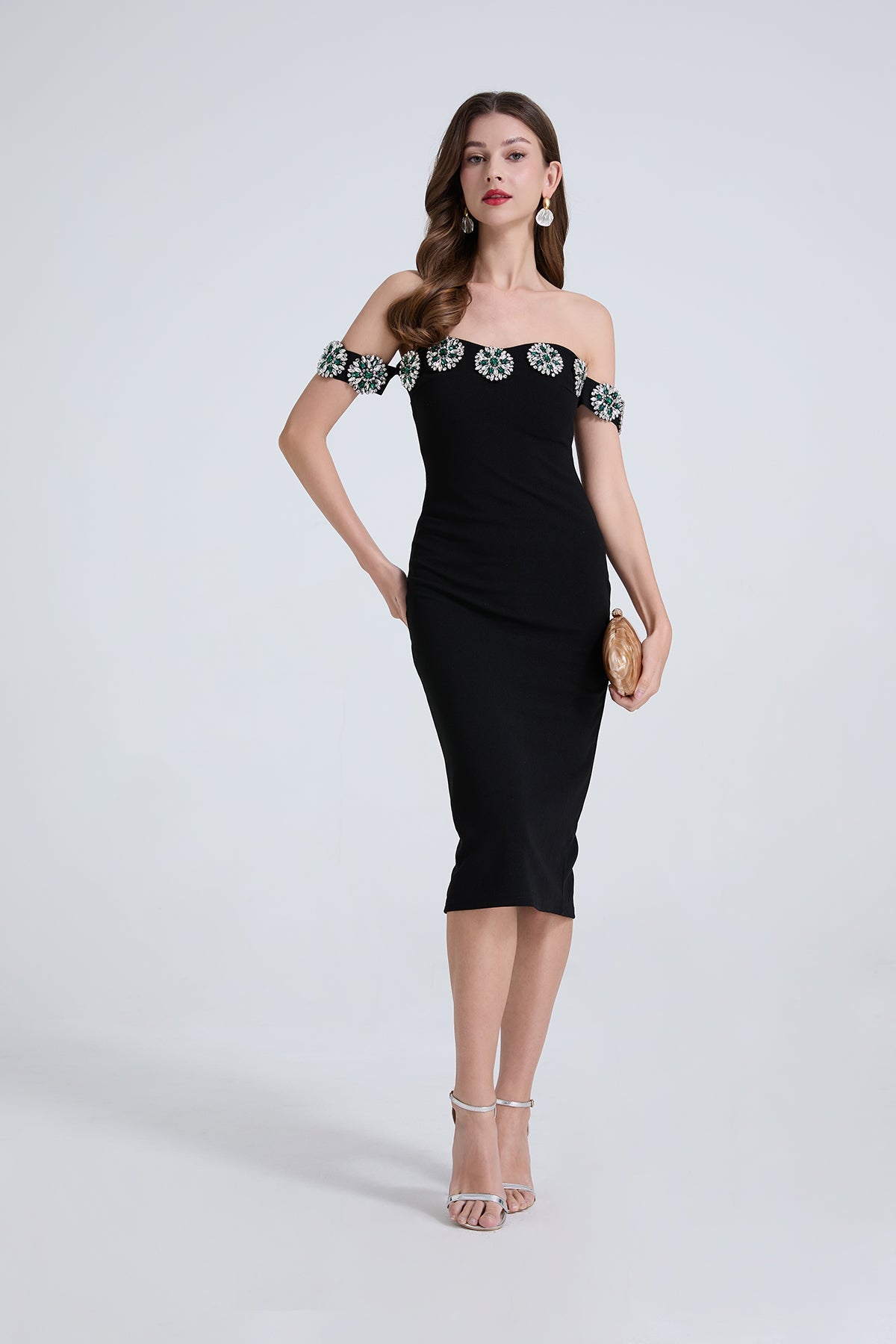 Damen Nageldiamant Eine Linie Schulter Diamant Schlankes Schlitzkleid