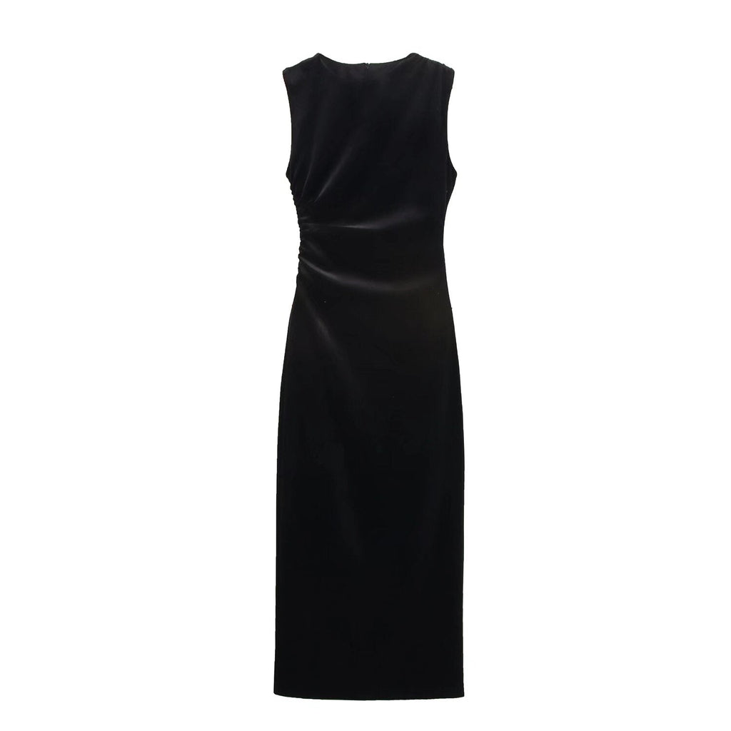Spring Women Elegant Velvet Texture Pleated Midi Dress