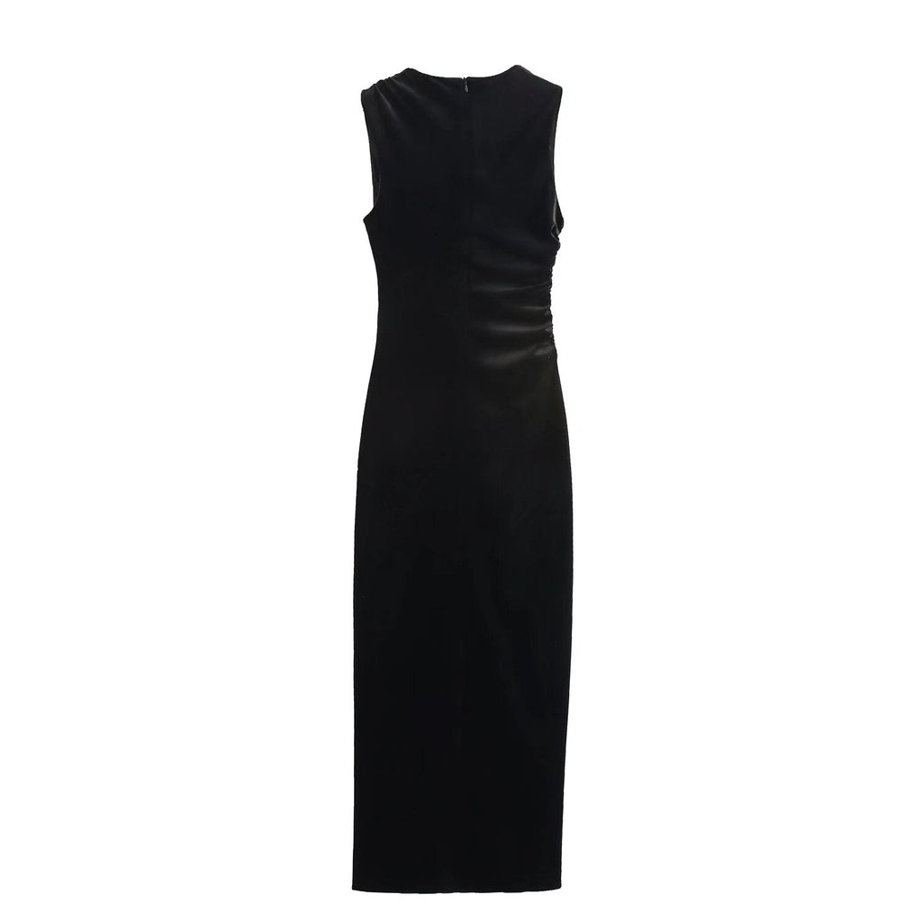 Spring Women Elegant Velvet Texture Pleated Midi Dress