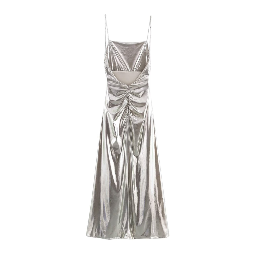 Women Clothing Metal Foil Pleated Slim Strap Dress