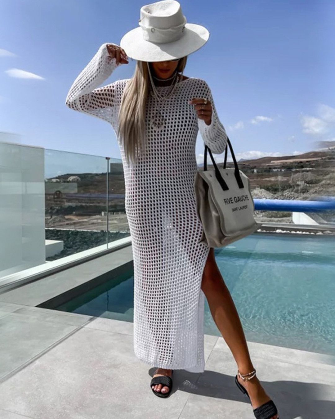 Frühling Sommer Urlaub Strand Bluse Sexy Gestrickt Ausgeschnittenes Maxi Kleid Strand Überkleid