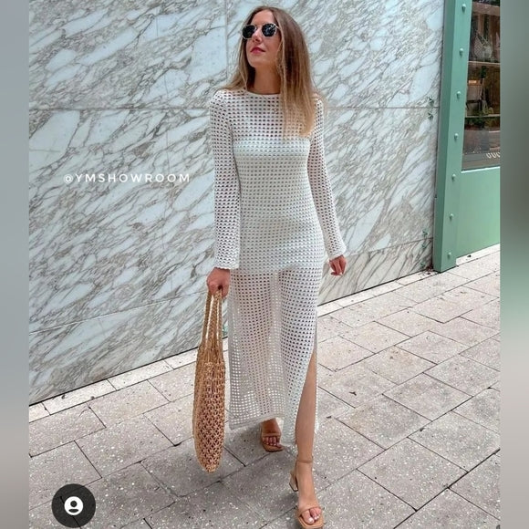 Frühling Sommer Urlaub Strand Bluse Sexy Gestrickt Ausgeschnittenes Maxi Kleid Strand Überkleid