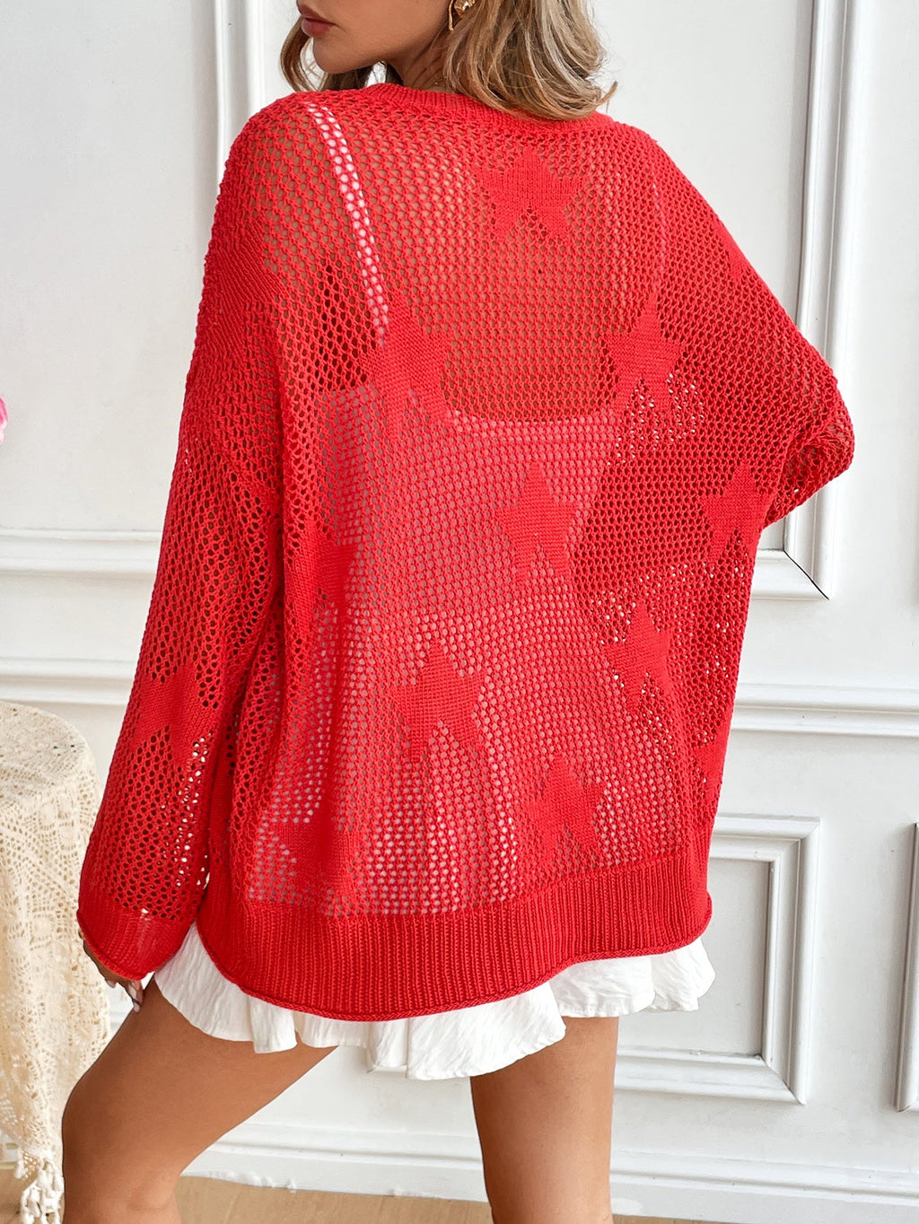 Frühling Sommer Rundhals Pullover Strandüberwurf Gestrickter Fünfzackiger Stern Damen Strickwaren