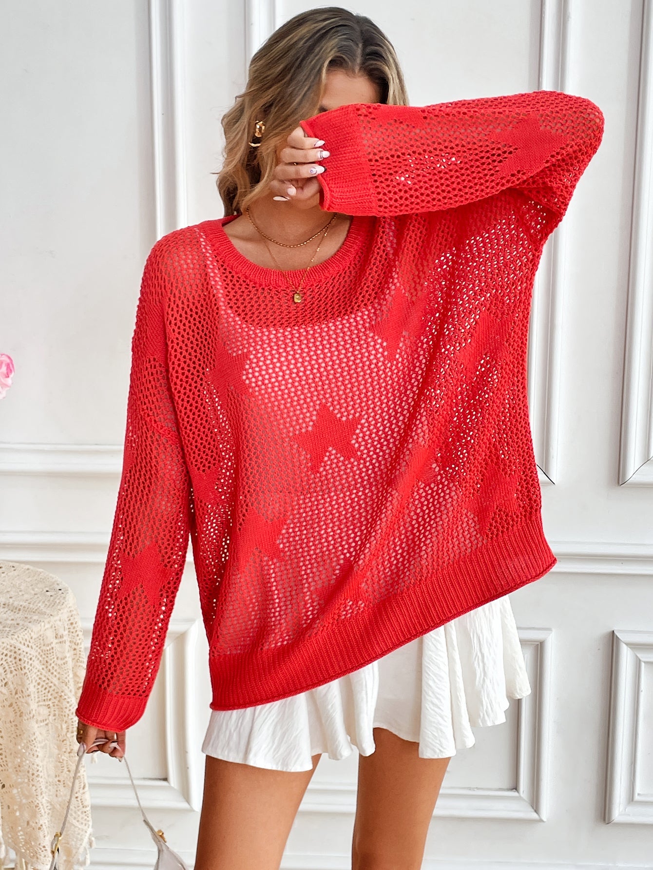 Frühling Sommer Rundhals Pullover Strandüberwurf Gestrickter Fünfzackiger Stern Damen Strickwaren