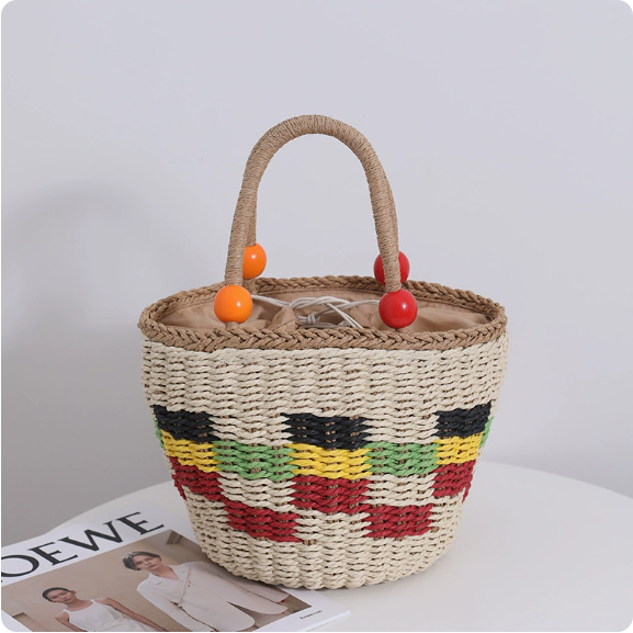 Sac tressé portable en perles de bois mignon, sac tissé à carreaux de couleur fraîche, panier de pique-nique de fruits, sac de plage