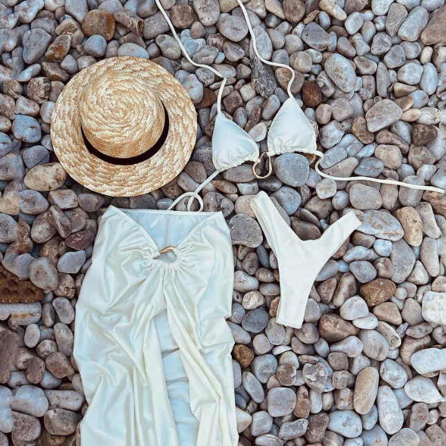 Bikini mit Kordelzug, gebänderter Bikini, dreiteiliger Badeanzug, Damen, Split, hoher Beinausschnitt, Dreiecks-Badeanzug