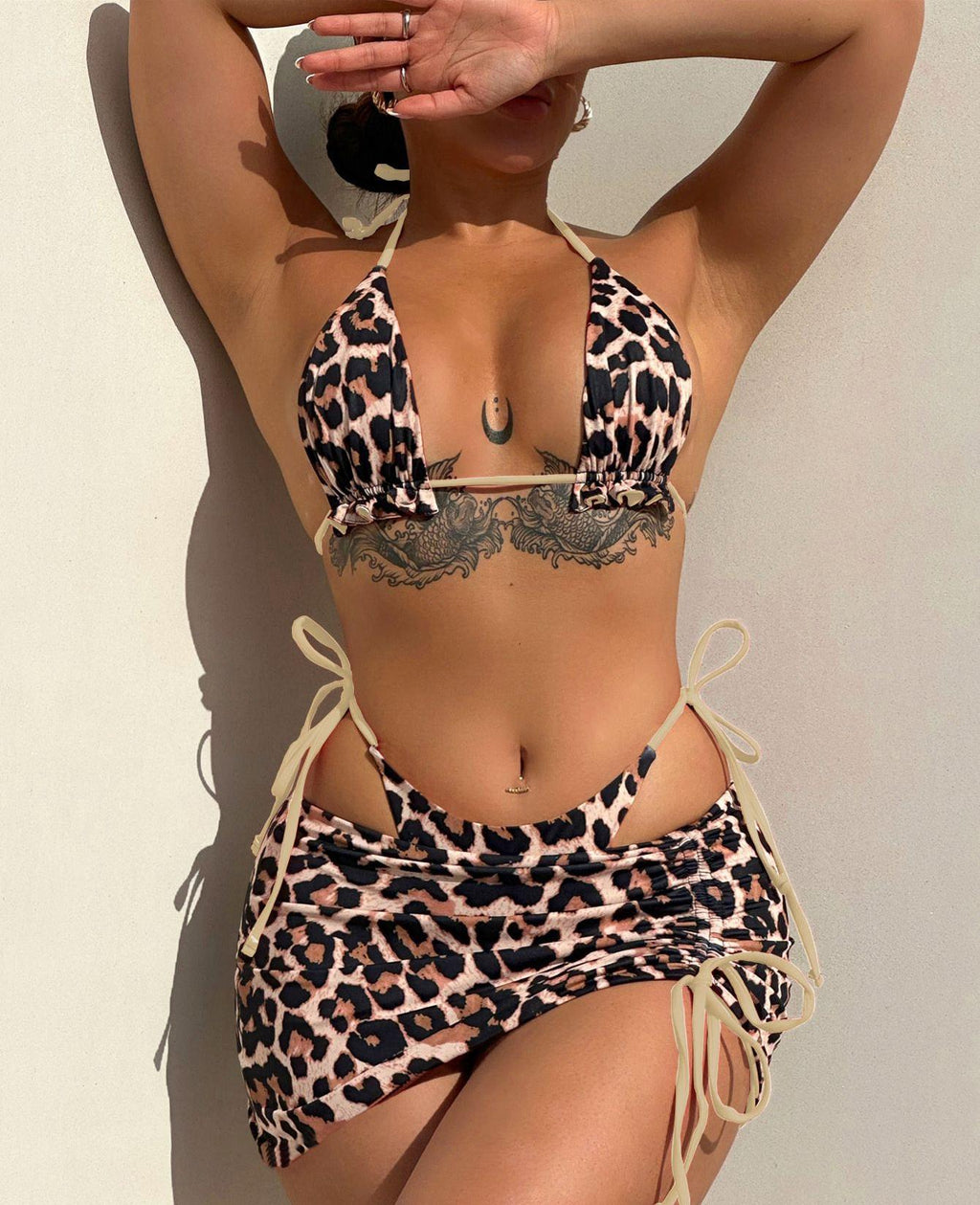 Arrival Dreiteiliger Badeanzug Damen Doppelseitiger Leopardenprint Neckholder Bikini Badeanzug Sommer Strand