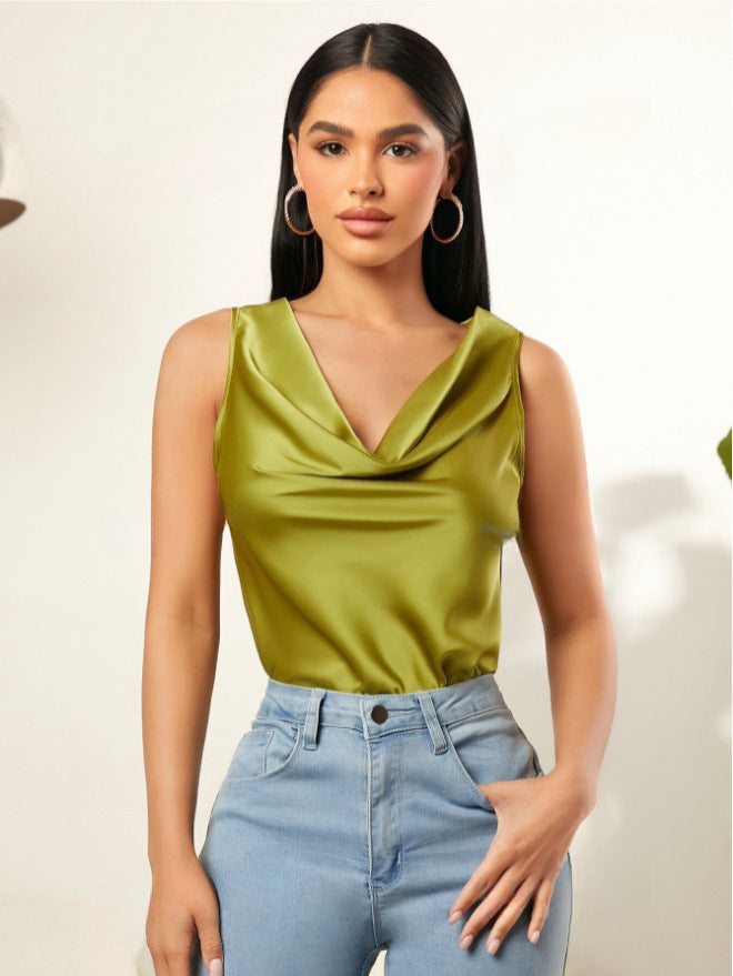 Chemisier femme sans manches en satin d'été, col ras du cou, couleur unie