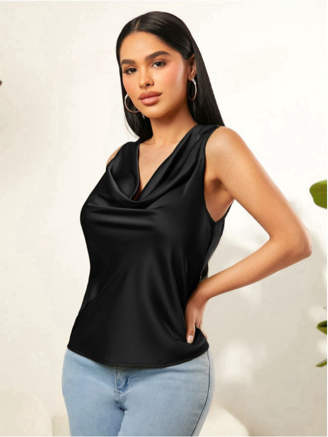 Chemisier femme sans manches en satin d'été, col ras du cou, couleur unie