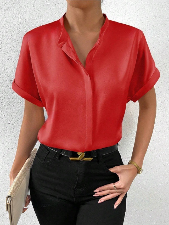 Chemise en satin à manches courtes unie pour femme, col montant et épaules dénudées