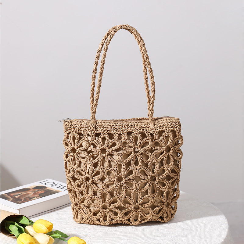 Strohtasche, ausgehöhlt, mit Blumenmuster, gewebte Strohtasche, Damentasche, Umhängetasche, tragbar für den Urlaub am Meer, Strandtasche, Rattan-Webtasche
