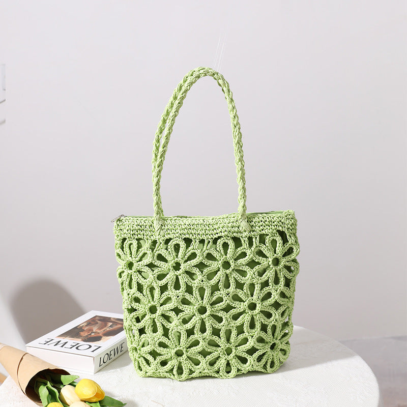 Strohtasche, ausgehöhlt, mit Blumenmuster, gewebte Strohtasche, Damentasche, Umhängetasche, tragbar für den Urlaub am Meer, Strandtasche, Rattan-Webtasche