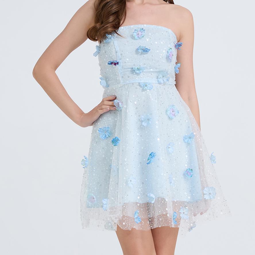 Damen besticktes, perlenbesetztes dreidimensionales Blumenkleid mit hoher Taille und Fransensaum