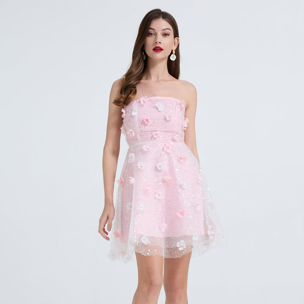 Damen besticktes, perlenbesetztes dreidimensionales Blumenkleid mit hoher Taille und Fransensaum