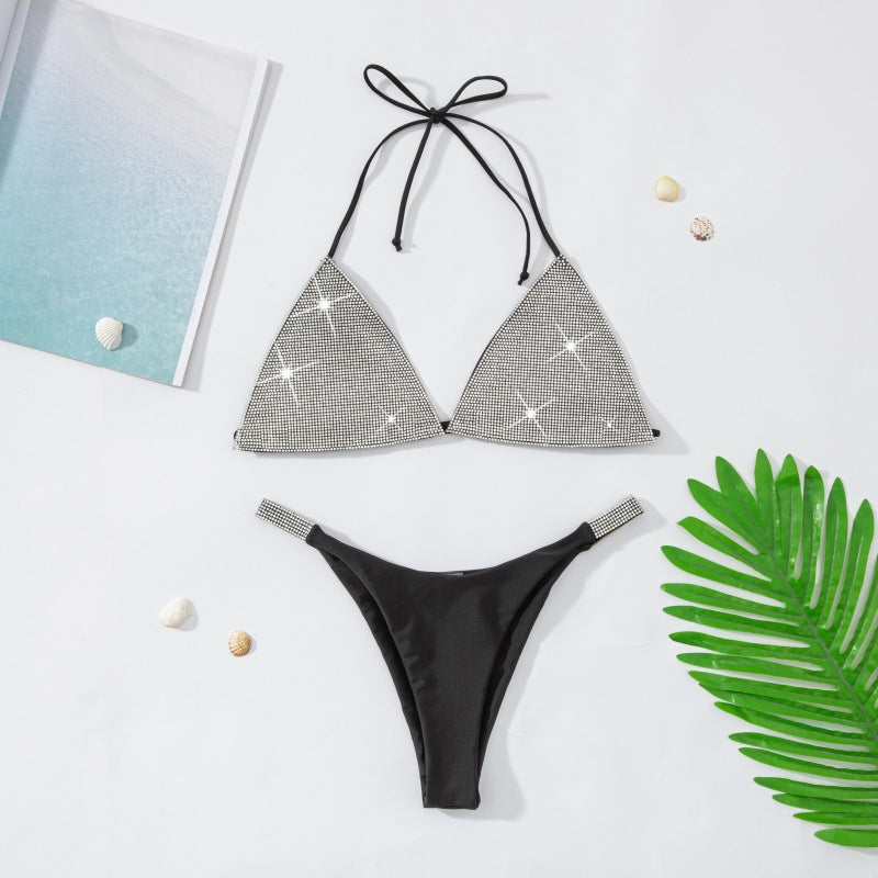 Short de bain bikini uni à strass pour femme