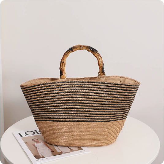 Sac en paille en bambou à rayures grande capacité pour femmes, sac fourre-tout tissé à main, panier à légumes