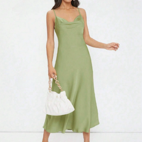 Robe Femme Printemps Été en Satin Bretelles Col Plongeant Échancré Slim Couleur Unie