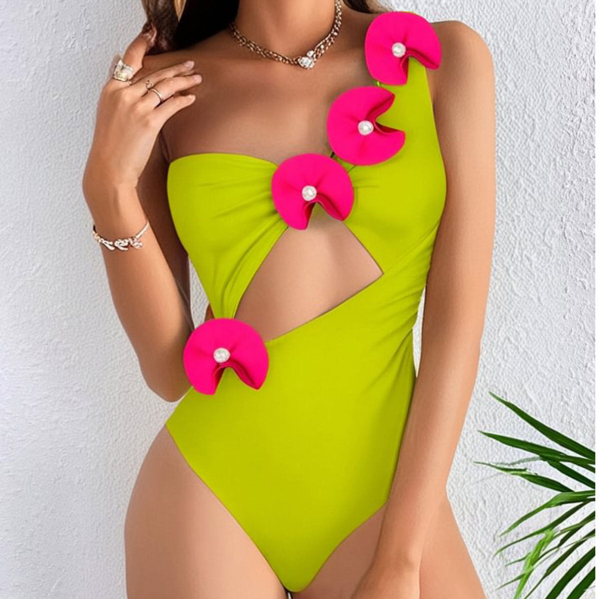 Einfarbiger Einteiler-Badeanzug Damen One Shoulder Tube Top Hohl geschnitten Rock Hüftbetonter kurzer Rock Zweiteilige Sets