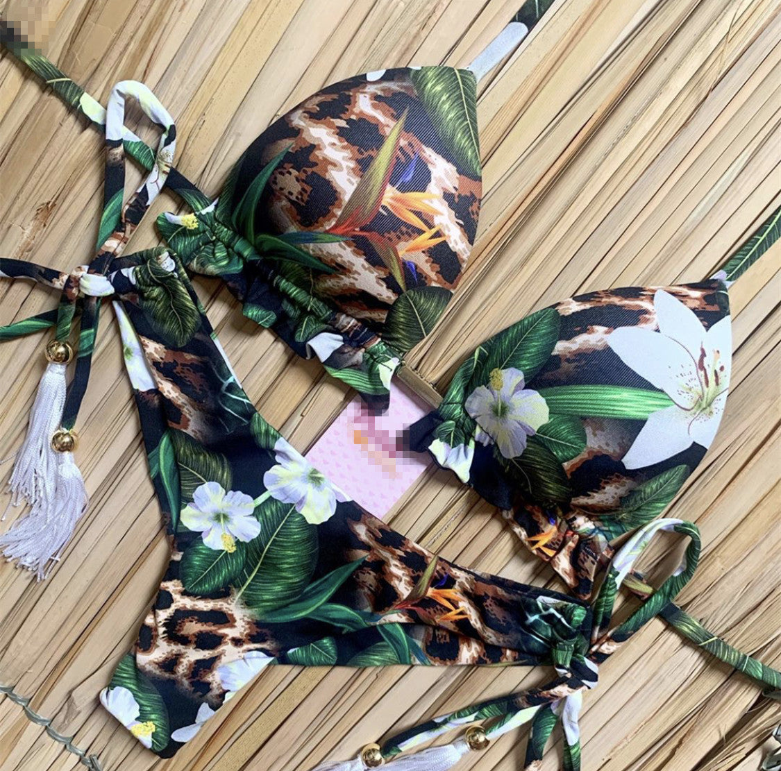 Bedruckter Bikini mit Quasten-Bikini-Bademode