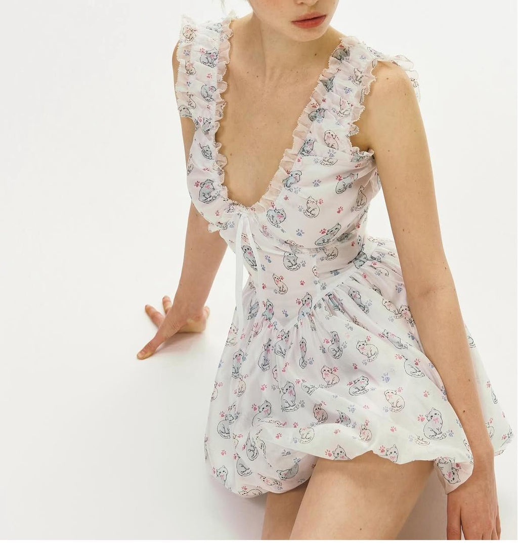Frühling Sommer Damenbekleidung Sexy Frisch Bedrucktes V-Ausschnitt Tüllkleid