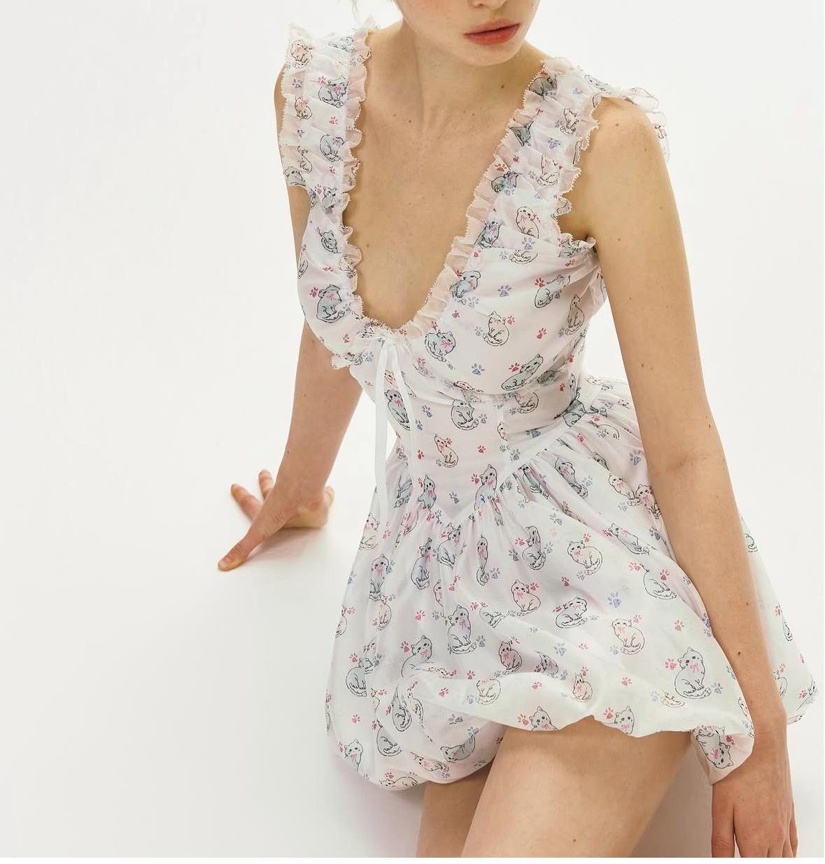 Frühling Sommer Damenbekleidung Sexy Frisch Bedrucktes V-Ausschnitt Tüllkleid