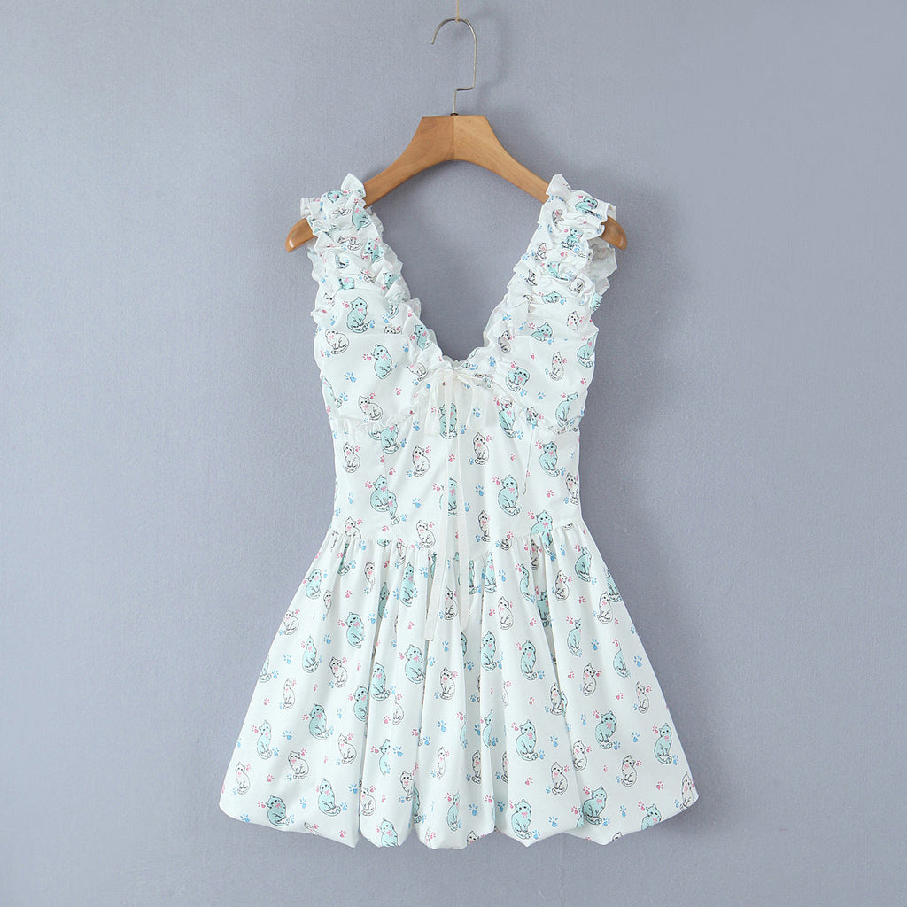 Frühling Sommer Damenbekleidung Sexy Frisch Bedrucktes V-Ausschnitt Tüllkleid