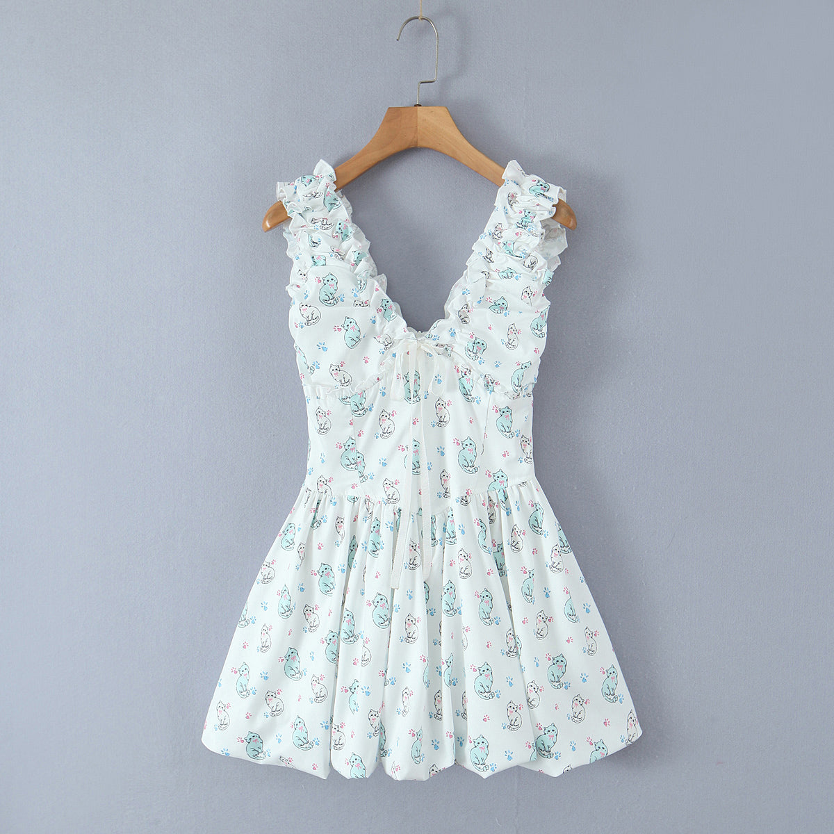 Frühling Sommer Damenbekleidung Sexy Frisch Bedrucktes V-Ausschnitt Tüllkleid