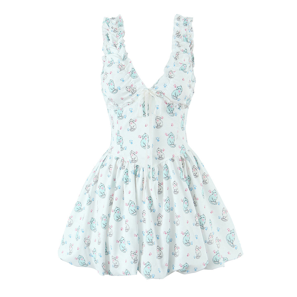 Frühling Sommer Damenbekleidung Sexy Frisch Bedrucktes V-Ausschnitt Tüllkleid