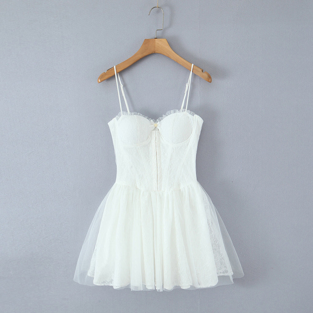 Frühling Sommer Urlaub Sexy Kleine Frische Süße Scharfe Taillenformung Spitze Stickerei Kleid