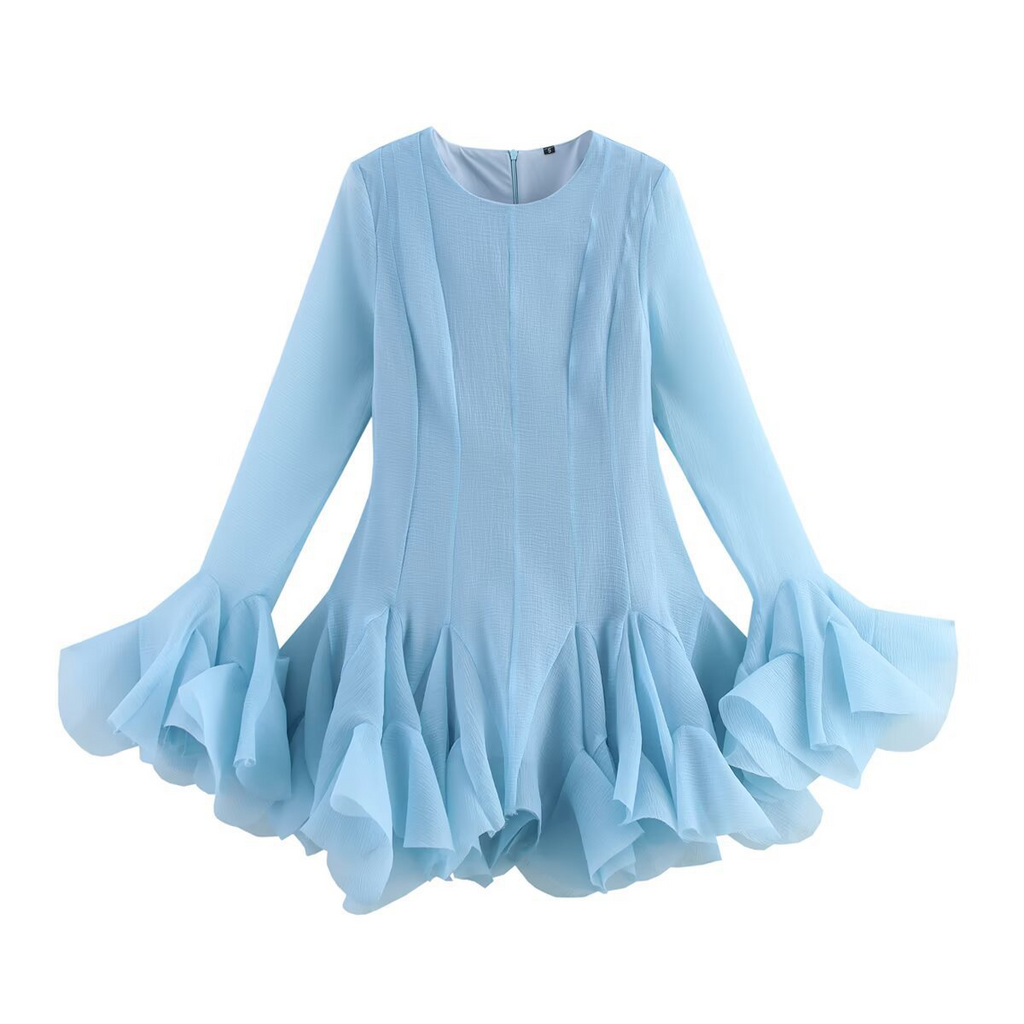 Laminiertes Rüschen-Tüll-Tutu-Kleid Sommer Süß Rundhalsausschnitt Ausgestellte Ärmel Schmale Passform Kurzes Minikleid