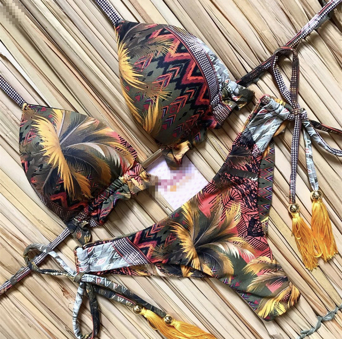 Bedruckter Bikini mit Quasten-Bikini-Bademode
