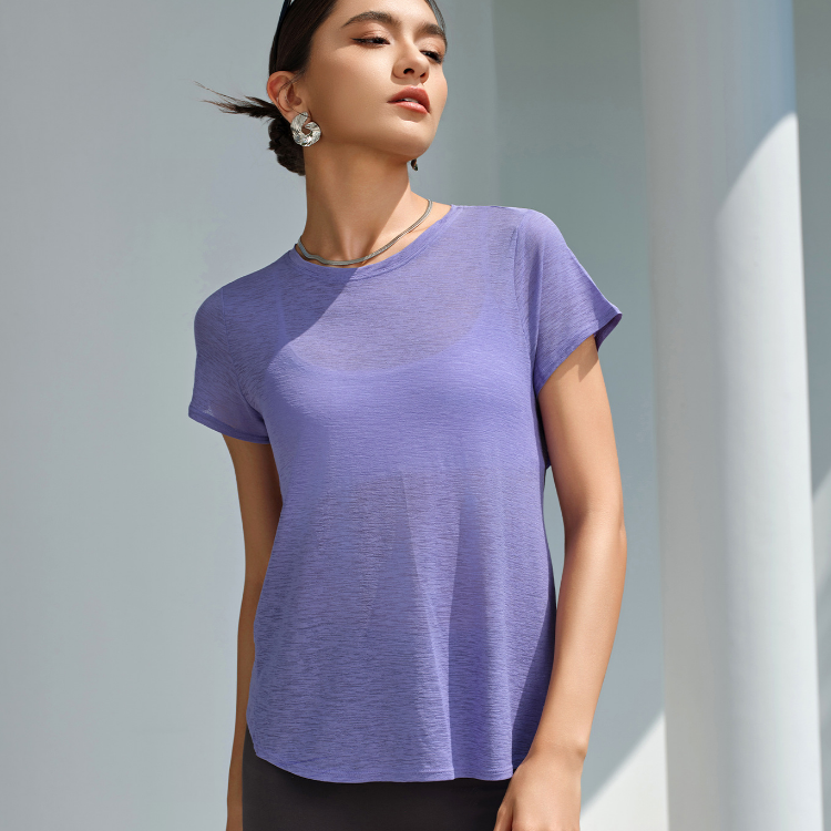 T-shirt de yoga d'été en fil fantaisie respirant, haut de sport à découpes ajourées, dos nu, vêtements de yoga pour femmes, col rond, manches courtes, fitness, été
