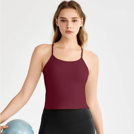 Gilet de Yoga Femme Printemps-Été à Bretelles Fines, Dos Nageur, Fendu en Queue d'Hirondelle, Soutien-Gorge Intégré, Tissu Respirant, Haut de Sport Frais