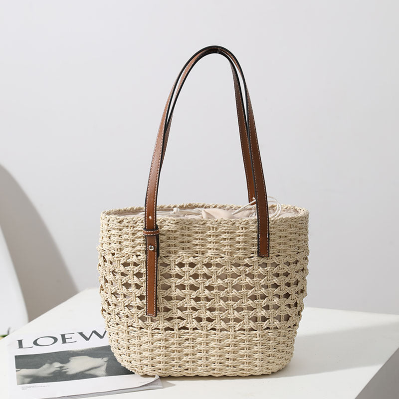 Sac en Paille Tressé pour Femmes, Sac à Main Creux Fait à la Main, Sac Porté Épaule Portable en Paille Tressée pour Vacances à la Plage