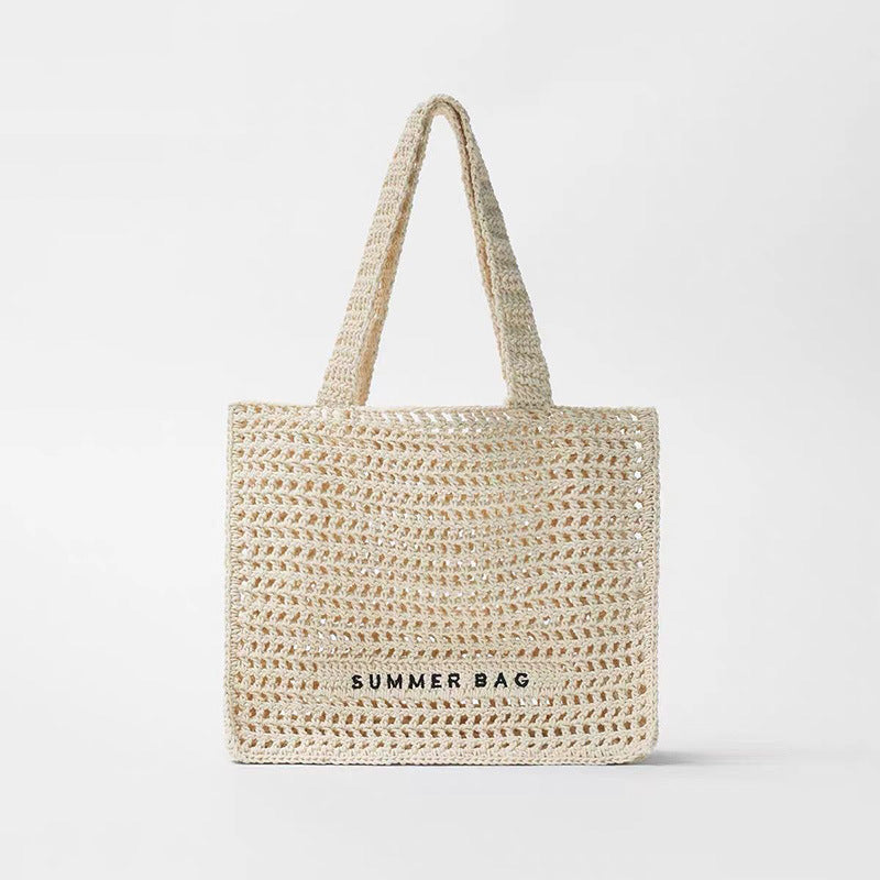 Sac de paille évidé ajouré Summer Fairy Niche, à une épaule, portable, avec lettres graphiques, tissé pour femmes, sac de plage pour les vacances en bord de mer