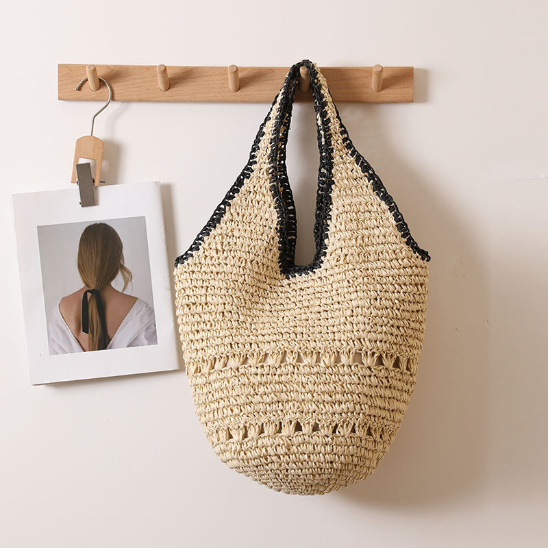 Große Strohtasche mit Schulterriemen, legere, ausgehöhlte, tragbare Strohtasche, gewebte Tasche, Damen-Strandtasche für den Urlaub